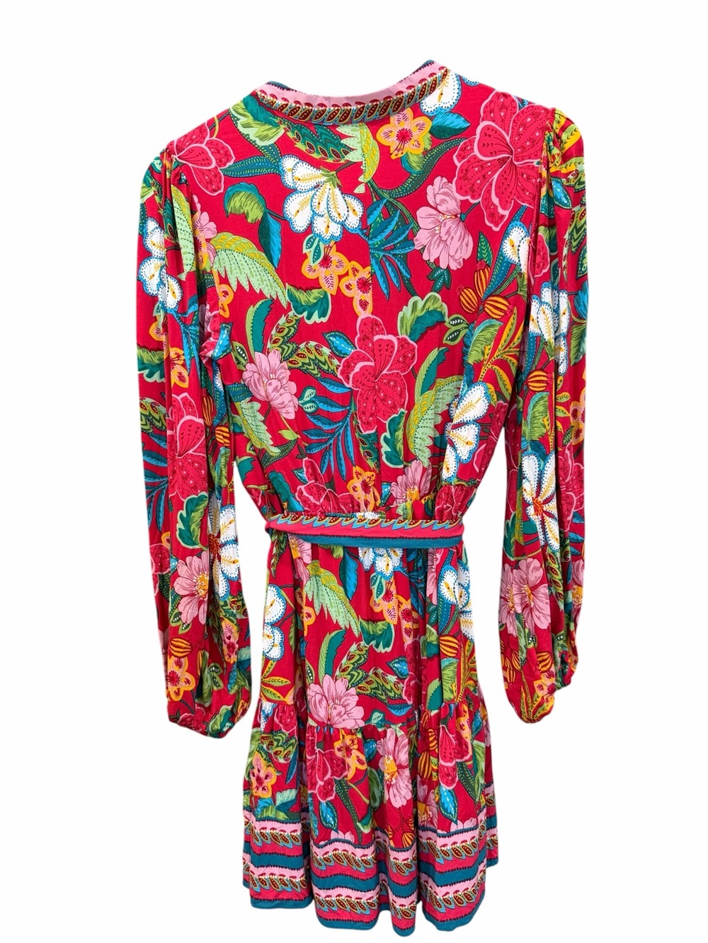 Adrianna Papell Tropical Floral Dress Tie Waist V Neck Long Sleeve Mini Red 8 - Picture 5 of 14